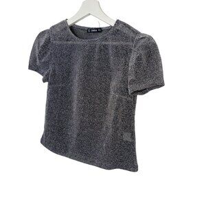 SHEIN Sheer Metallic Silver Gray Blouse Womens XS Shimmer Short Sleeve Top
